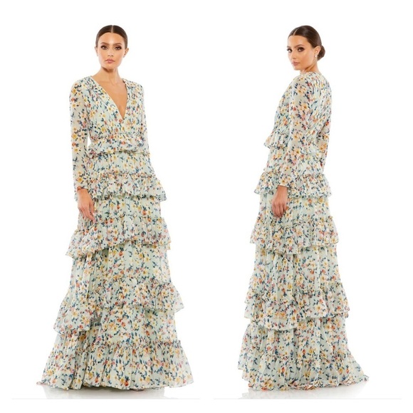 Mac Duggal 55664 NWOT FLORAL PRINTED TIERED RUFFLE LONG SLEEVE GOWN - Picture 1 of 7